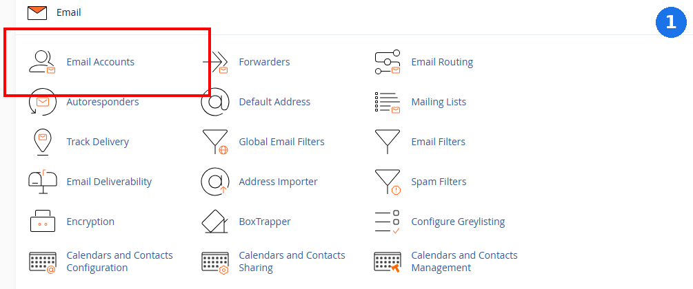 cPanel Email category with a red box highlighting Email Accounts