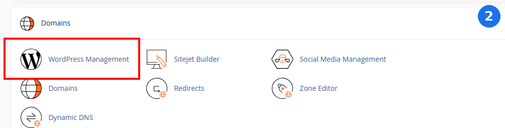 cPanel Domains category with a red box highlighting WordPress Management