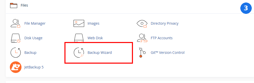 cPanel Files category with a red box highlighting Backup Wizard