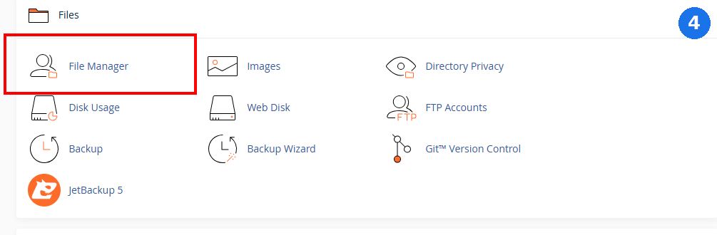 cPanel Files category with a red box highlighting File Manager