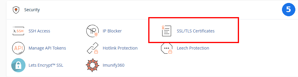 cPanel Security category with a red box highlighting SSL/TLS Certificates