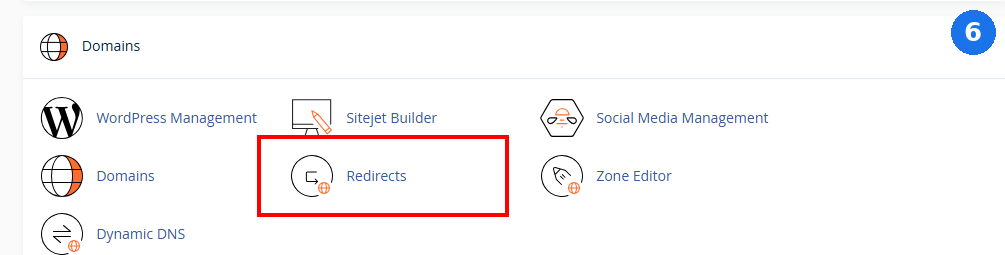 cPanel Domains category with a red box highlighting Redirects