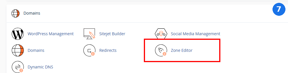 cPanel Domains category with a red box highlighting Zone Editor