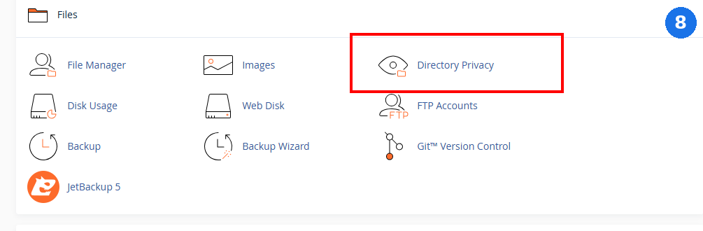 cPanel Files category with a red box highlighting Directory Privacy
