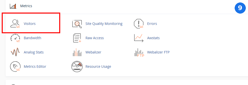 cPanel Metrics category with a red box highlighting Visitors