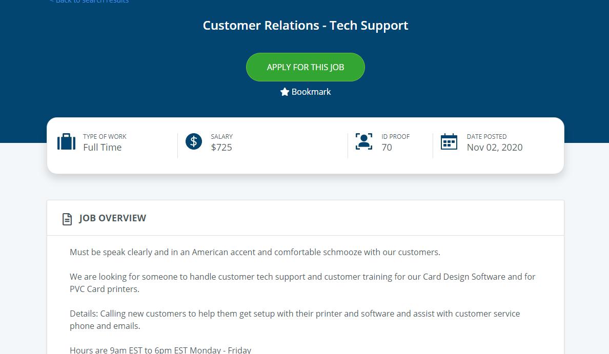 Customer Relations - Tech Support job post