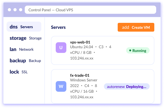 Cloud VPS control panel showing the servers list